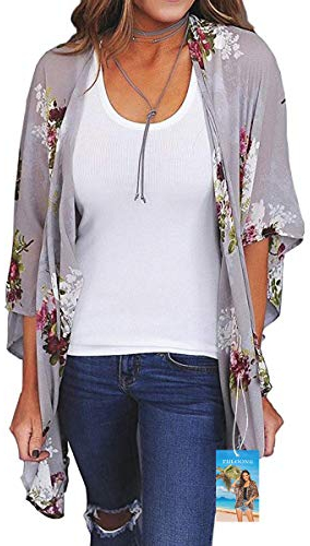 YULOONG Damenmode Bademode Vertuschung Chiffon Blumendruck Kimono Lose Schal Strickjacke Sommer Bluse Bademode Capes, Hellgrau, XXL