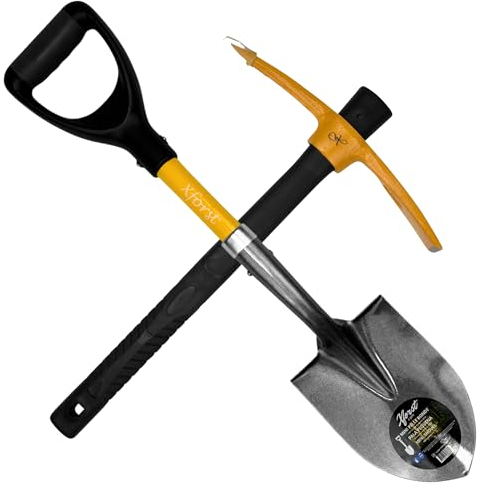 Xforst Set da giardinaggio con piccone e mini-pala, con manico in fibra di vetro e teste in acciaio forgiato, robusti e leggeri, ideali per giardinaggio, campeggio e prospezione. X-S800 & X-PF400.