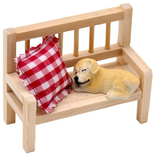ZauberDeko Wichtel Zubehör Holzbank Kissen Hund Puppenhaus Miniatur Set 3-teilig