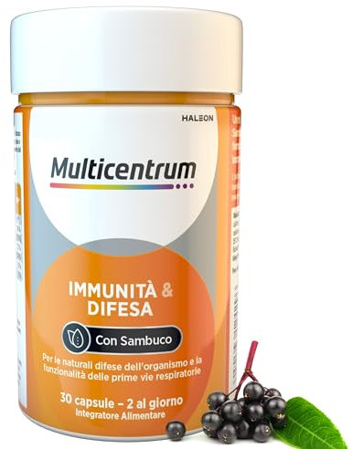 Multicentrum Immunità&Difesa Integratore Alimentare con Vitamina C, Sambuco Nero e Zinco per un Supporto alle Naturali Difese Immunitarie dell'Organismo, per Adulti, 30 Capsule