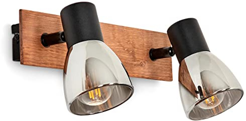 Wandleuchte Murianette, moderne Wandlampe aus Metall/Holz/Glas in Schwarz/Natur/Rauchfarben, Retro/Vintage Leuchte mit Schirmen aus Rauchglas (Ø 7 cm), 2-flammig, 2 x E14, ohne Leuchtmittel