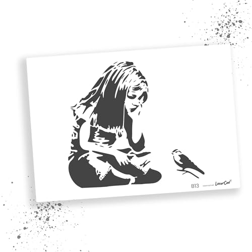 LaserCad Schablonen BANKSY Streetart (B013, Girl and Bird, DIN A2) Stencil für Graffiti, Airbrush, Kunst, Deko, zum Malen
