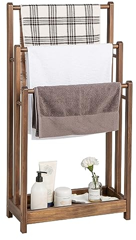 LIFEZEAL Handtuchständer Stehend, Duschtuchhalter Handtuchhalter aus Holz, Badetuchhalter Freistehend mit 3 Handtuchstangen & Ablage, Standhandtuchhalter 3-armig für Bad, Braun