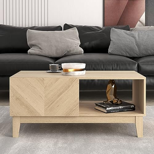 Galano Hanwell 2 Drawer Coffee Table – Engineered Wood Cabinet with Fishbone Pattern, Rectangular Storage Table (Oslo Oak)