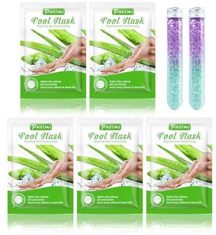 Fußmaske, 5 Paar Aloe Vera Fuß Peeling Maske, 2 Badesalz, Hornhaut entfernen fuß Maske, Fußmaske Socken Feuchtigkeitspendende für Trockene und Rissige Füße, Foot Spa für Männer und Frauen