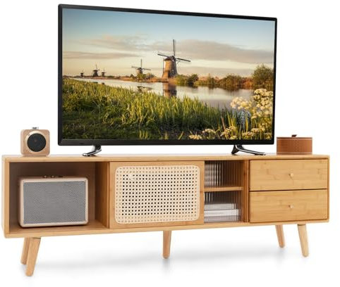CASART TV Cabinet for TVs up to 55”/65, Bamboo TV Stand Entertainment Center with Sliding Doors, Adjustable Shelves & Drawers, Rattan TV Console Table for Living Room Bedroom (140cm for 65 TVs)