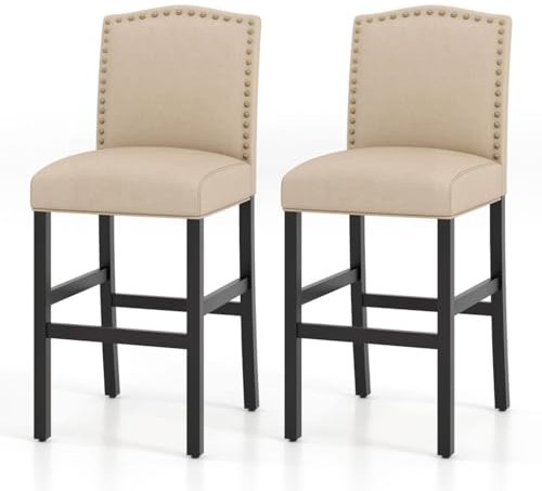 TANGZON Bar Stools Set of 2, Upholstered Bar Chairs with Rubber Wood Legs, Copper Nail-Heads & Non-slip Foot Pads, Wooden Counter Height Breakfast Chairs for Home Dining Living Room Restaurant (Beige)