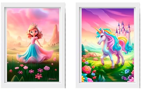 Originalys 2er Set DIN A4 - Prinzessin & ein Einhorn Regenbogen Poster Deko Kinderzimmer Kinderzimmer Pastelltöne Geschenkidee für Kinder (Ohne Rahmen)