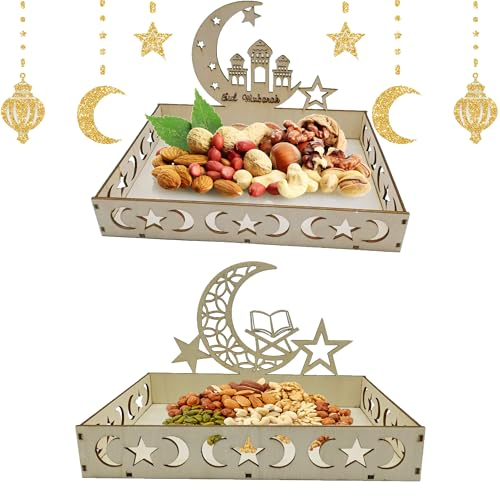 Atsmoce®2 Stück Ramadan Deko Holz Tablett, Ramadan Teller, Eid Mubaraks Tablett, Ramadan Dessert Tablett mit Mond und Stern Ramadan, Tischdeko für Eid-Tische, Ramadan Geschenke