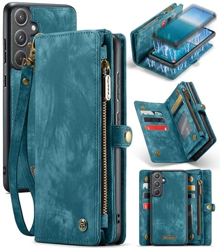 UFinetech für Samsung A55 Hülle, Stoßfest Kartenfach Magnetisch Abnehmbare Tasche Handyhülle für Samsung Galaxy A55 5G, Flip Reißverschluss Lanyard Leder TPU Klapphülle Kratzfest Schutzhülle, Blau