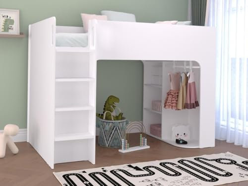 Vente-unique-Hochbett mit Stauraum - 90 x 190 cm - Weiß + Matratze - COLUMI