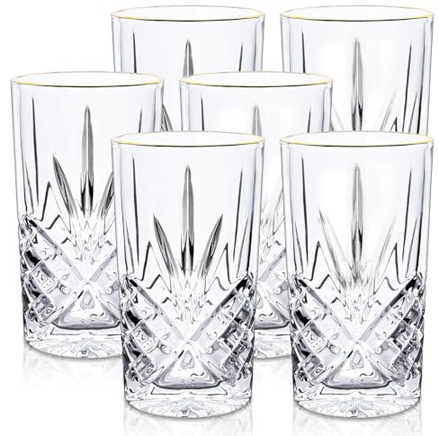 Raisaplin Highball Glasses Set of 6, 370ml/ 13oz Lead-Free Crystal Drinking Water Glasses Tall Glass Cups Mixed Drink Cocktail Glass Set Tom Collins Bar Glassware for Juice Whiskey Beer Iced Coffee