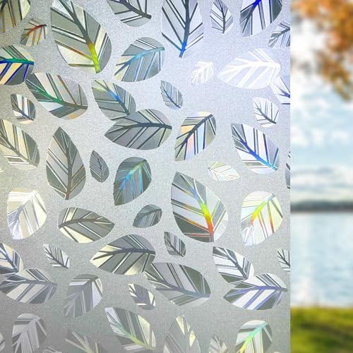 Qualsen Window Film Privacy 3D Leaf Patterned Rainbow Privacy Film for Glass Windows No Glue Static Cling Frosted Window Film Self Adhesive Opaque Decorative Vinyl Glass Film for Home 30x200cm
