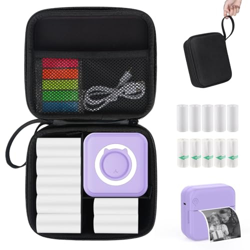 HUIJUTCHEN Mini imprimante de poche violette avec étui noir, mini imprimante thermique avec 10 rouleaux de papier thermique, mini imprimante photo portable pour voyage, journal, mémo, photo, notes