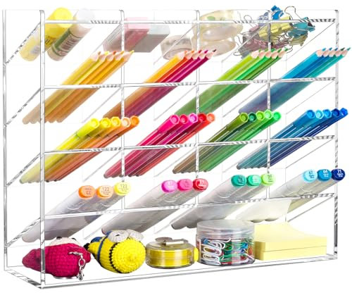 BEYGORM Acrylic Vertical Marker Organizer for 200 Markers,Angled Pen Holders Desktop Organization,Clear Large Stationary Pencil Holder for Desk,Art Supply Storage Organizers for School Supplie