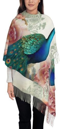 JEKYDOSD Schöner Pashmina-Schal mit Pfauen- und Blumendruck, Quaste, weicher Kaschmir-Schal, Schwarz, Einheitsgröße