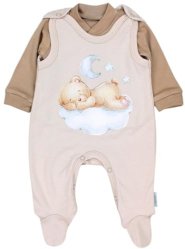TupTam Baby Mädchen Jungen Strampler mit Langarmshirt Aufdruck Spruch 2 teilig, Farbe: Bärchen auf der Wolke Beige, Größe: 56