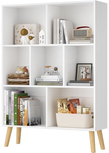 Würfel Bücherregal 3 Etagen Mid-Century Bücherregal mit Beinen, Retro-Holzbücherregale Organizer Aufbewahrungsregal, Freistehende moderne offene Bücherregale für Schlafzimmer, Wohnzimmer, Weißes