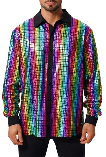Odizli Herren 70er 80er 90er Jahre Hippie Disco Party Glitzer Pailletten Langarm Hemd