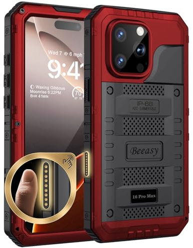 Beeasy for iPhone 16 Pro Max Case Waterproof Heavy Duty Metal Armour Cover Shockproof Dustproof Built-in Screen Protector, Robust Full Body Protective Military Rugged Case for 16 Pro Max, Red