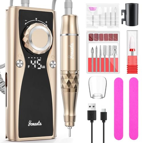 Professional Electric Nail Drill Set 45000 RPM, USB Rechargeable 10H+ Battery Life with 12 Drills, Electric Nail Files for Acrylic and Gel Nails, Portable Nail Drill for Salon & Home Use - Champagne