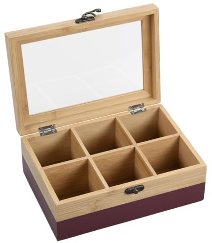 Kesper® | Tee-Box, Material: FSC®-zertifizierter-Bambus – 6 Fächer – mit Sichtfenster & Retro-Verschluss – Teebox zur Aufbewahrung, Maße: 21,5x15x8,5 cm – ohne Tee, Farbe: Beere-Natur | 58943