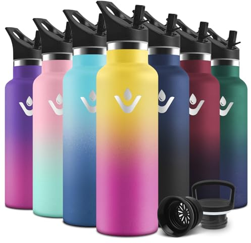 Motswedi Borraccia Termica Bambini, 500ml Con 2 Tappi, Borraccia con Cannuccia, Doppia Parete, Bottiglia Termica, A Prova di Perdite, Bottiglia acqua Per Scuola, Campeggio, Palestra, Giallo Rosa