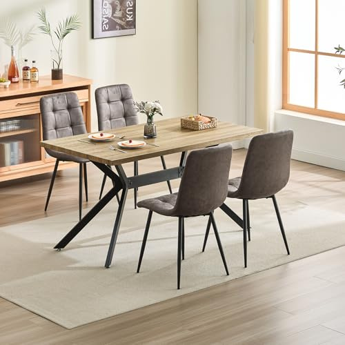 ANVOFONG Esstischgruppe mit 4 braunen Esszimmerstühlen, 140 x 80 x 76 cm Rechteckiger Tisch in Heller Holzfarbe, Esszimmerstühle mit technischem Stoff, geeignet für Küche, Esszimmer und Wohnzimmer.