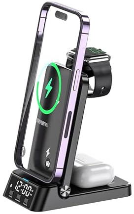 4-in-1 Wireless Charging Station, 15W Fast Charger Stand for iPhone, Samsung, Apple Watch & AirPods | Foldable Vertical Charging Dock with Alarm Clock (Black)