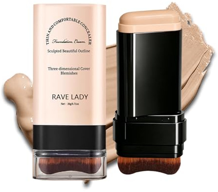 RAVE LADY 2-in-1 Foundation Stick mit Pinsel, Hohe Deckkraft 03# | Foundation und Concealer Stick fuer Unreinheiten, Kontur und Make-up, wasserfest und verblendbar