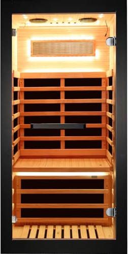 OUTEXER Sauna One Person Infrared Saunas Room Chilean Pine Wood 1050W Dry Saunas Spa with 7 Color Starry Sky Light Oxygen Bar Cup Holder 30.7x30.7x62.2inch