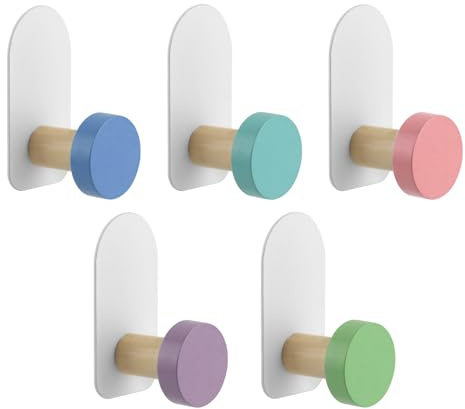 5 Pack Self Adhesive Kids Coat Hooks, Colorful Cartoon Animal Wall Hooks | No Drill Sticky Towel Hooks for Clothes, Backpacks, Hats and Bathroom Storage, Macaron Round