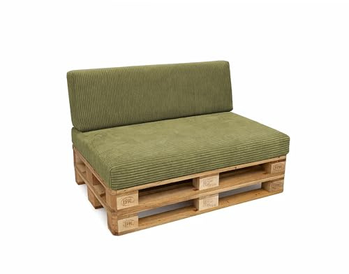 POKAR Palettenkissen 2er Set: Sitzkissen 120x80 + Rückenkissen 120x40 | Palettenauflagen aus Cordstoff mit Abnehmbarem Bezug | Sitz und Rückenlehne für Palettenmöbel | Öko Tex | Made in EU | Khaki