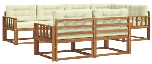 vidaXL Outdoor-Sofagarnitur mit Kissen 7 pcs Natur und Creme, Sofa-Set aus Akazienholz, wetterfeste modulare Gartenmöbel, Outdoor Lounge, Flexibles Sectional-Sitzarrangement
