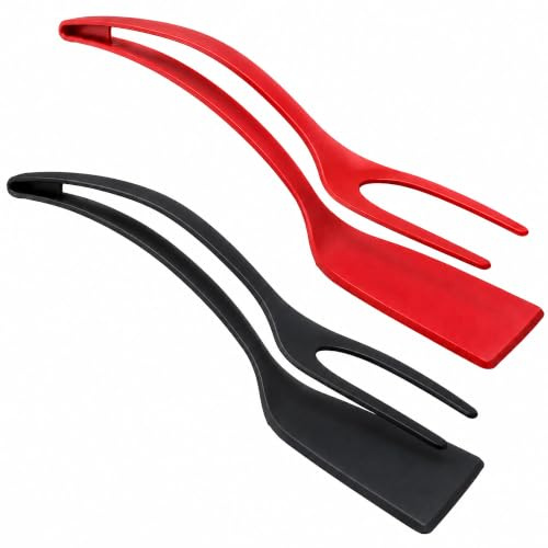 2 Pcs 2-in-1 Nylon Egg Spatula and Kitchen Tongs, Black and Red | Grip-And-Flip Turners For Non-Stick Pans, Pancakes, Fish And Steak