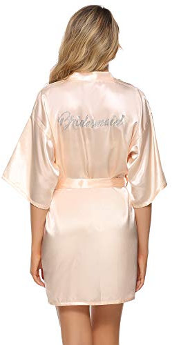 Vlazom Bride Bridesmaid Robes Satin Dressing Gown, Morning of Wedding Day Robes with Rhinestones, B-Champagne for Bridesmaid(Back in Rhinestones),S(UK 6-8)
