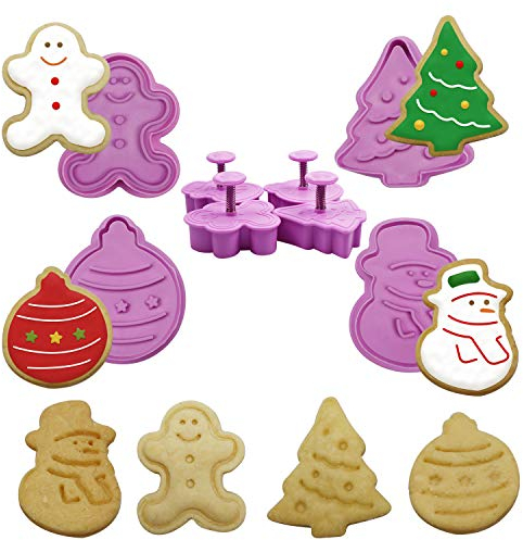 Leesgel Small 3D Christmas Cookie Cutter, 4 Pieces Spring-Pressable Pastry Cutter Moulds for Christmas Cookie Decorations, Biscuit Fondant Stamps Cookie Cutters Shapes for Kids Baking Set