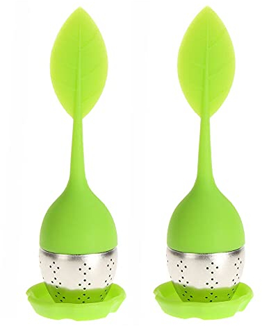 Alnicov 2-Packs Mesh Tea Infuser with Drip Tray,304 Stainless Steel Fine Mesh Tea Ball with Silicone Handle Perfect for Teapots and Mugs(Green Leaf Shape)