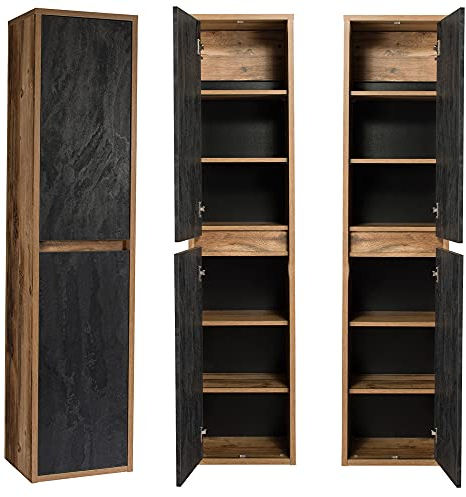 Lomadox Badezimmmer Hochschrank Eiche mit Beton dunkel, 2-türiger Badschrank, B/H/T: ca. 40/170/33 cm