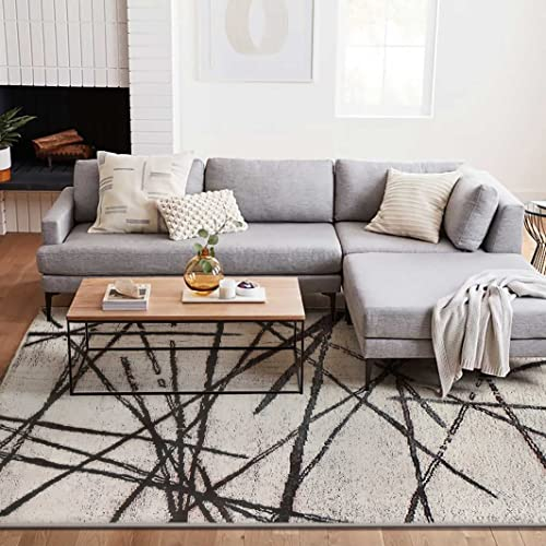 Calore Teppich Wohnzimmer Kurzflor Groß Teppich Schlafzimmer Moderne Teppiche für Wohnzimmer rutschfest Weich Abstrakt (160 x 200 cm, Beige)