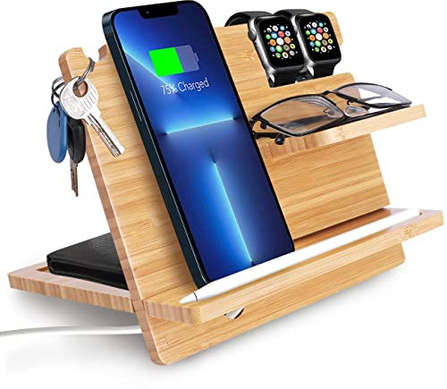 iCozzier Bambus-Telefonhalter, Schreibtisch-Dockingstation mit Schublade, Schlüssel, Geldbörse, Uhr, Holzständer, Betttisch und Schreibtischhalterungen, Tisch-Organizer (6)
