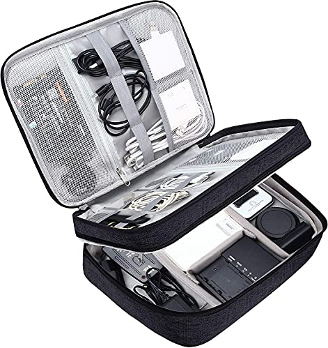 ACOPTON Travel Electronics Organizer, Waterproof Cable Organizer Bag for Electronic Accessories Double Layer Large Shockproof Cable Storage Bag for Cord, Power Bank, Tablet (Black)