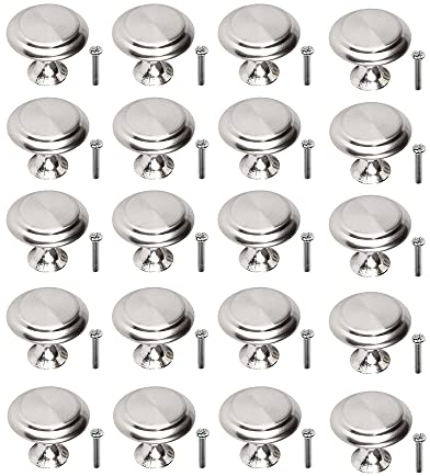 WSNDM 20 Pcs Tirador de Cajón Redondo, Pomo para Armario, 27mm Acero Inoxidable Perillas de Gabinete de Cajón, con Tornillos, para Armarios de Cocina, Puertas de Muebles, Cómodas (Plata)