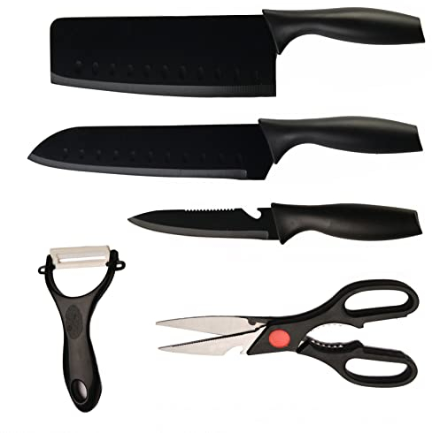 Cloober - Coltelli da cucina colore | 5 pezzi | manico ergonomico | acciaio inossidabile durevole | macellaio, chef, uso generale e pelapatate in ceramica (nero)
