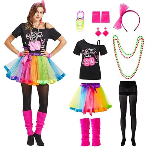 Churgigi 80er Jahre Outfit Damen Mottoparty 80 er Jahre Kostüm Damen Kostüm 80er Jahre Damen 80er 90er Outfit 80 er Jahre Party Kostüme Frauen Karneval Ankleiden Satz