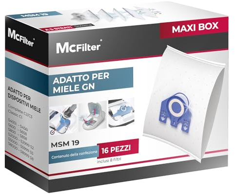 McFilter | 16 sacs à poussière compatibles avec Miele Complete C3 S8360 S 8360 Sacs à poussière avec 8 filtres | Microfibre, disque supérieur en plastique avec joint en caoutchouc MAXI BOX