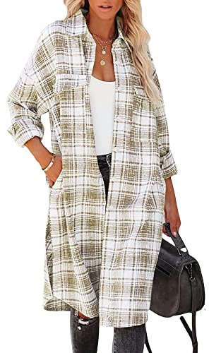 Felcia Women Long Plaid Shirt Casual Long Sleeve Button Down Shacket Jacket with Pockets for Ladies (Khaki, XL)