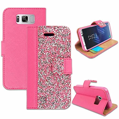 Wallet Case for Samsung Galaxy S8, PU Leather Flip Case Magnetic Closure Phone Cover Card Slots Zipper Pocket Hand Strap with Unique Roses Design (Rhinestone Hotpink)