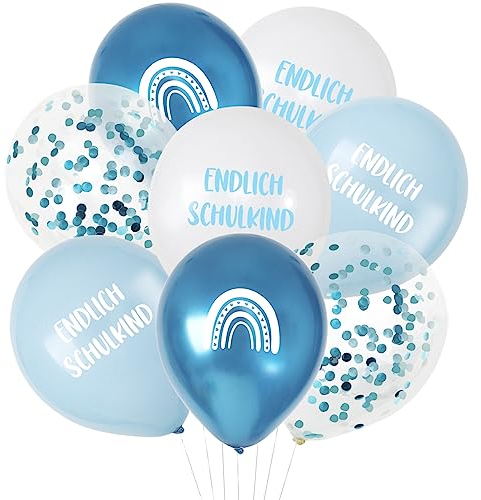 COLOFALLA 24 Stück Einschulung Deko Luftballons Endlich Schulkind Junge Ballons Boho-Regenbogen Blau Schulanfang Schuleinführung Schulstart Party Deko mit Bänder (Blau)