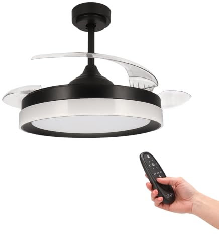 M mimotec - Ventilador de Techo Led Black Yeray con luz de 36W y Mando a Distancia, Bajo consumo, motor DC 20W, 6 velocidades, Silencioso ,4 Aspas retráctiles. LM8816